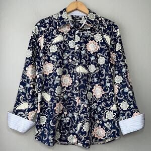 Chaps Button Up Shirt Size Medium Navy No Iron Cotton Career Contrast Cuffs